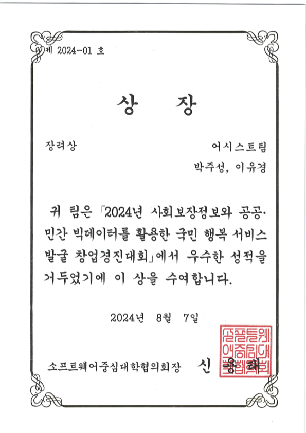 Encouragement Award certificate from the 2024 Public Happiness Service Startup Competition